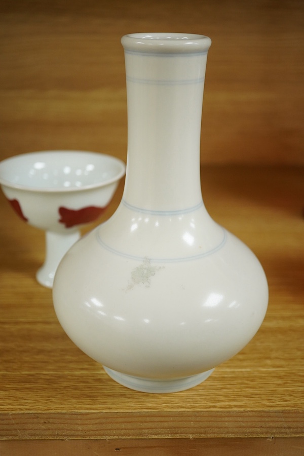 A small Chinese stem cup with iron red and blue and white vase, largest 20cm. Condition - good